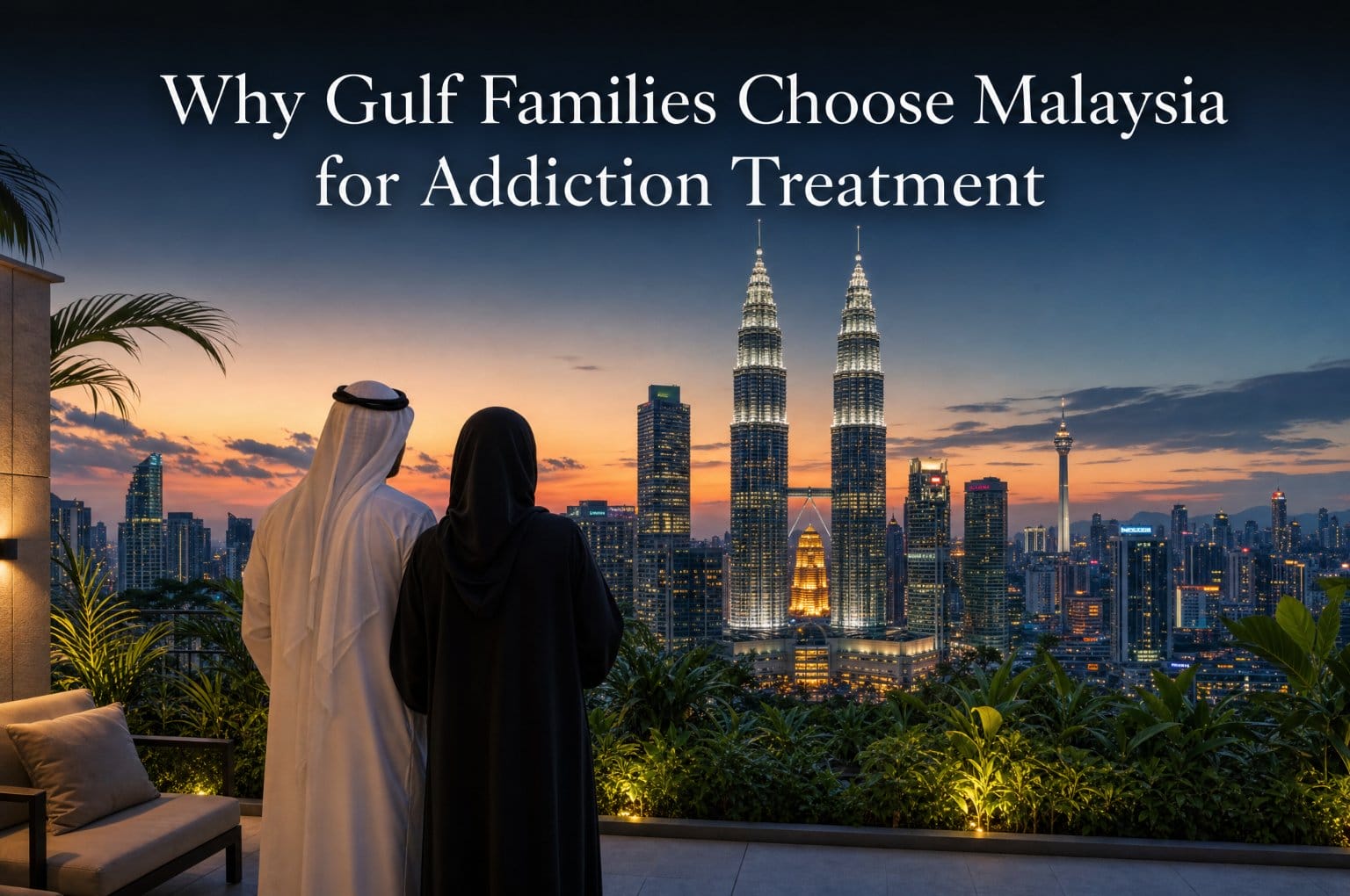Gulf parents looking out over the Kuala Lumpur skyline at dusk