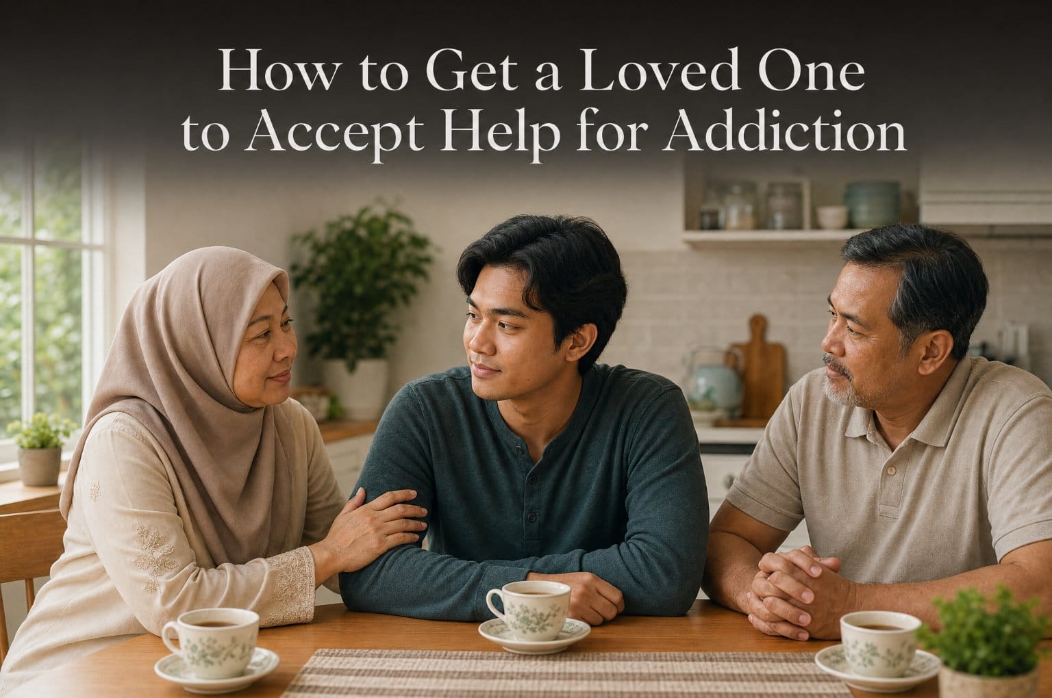 Malaysian parents talking calmly with their adult son at the kitchen table about getting help for addiction